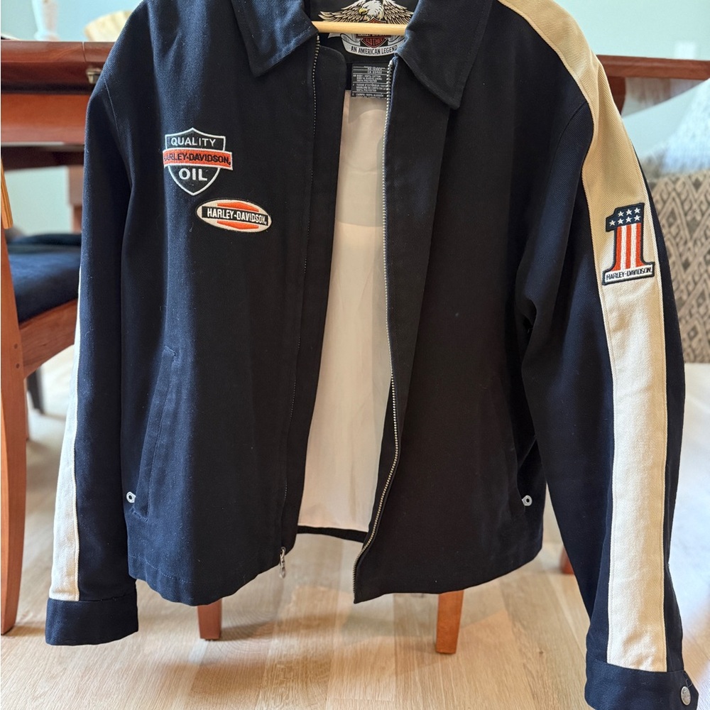 Harley-Davidson Men’s Black and Cream Jacket with Patches